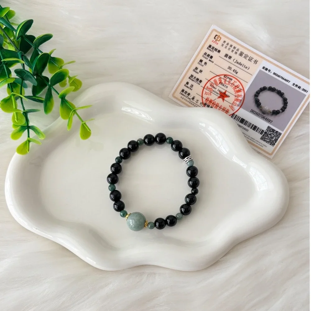 Authentic Jadeite Beaded Bracelet with Silver and Gold Accents  20.43g